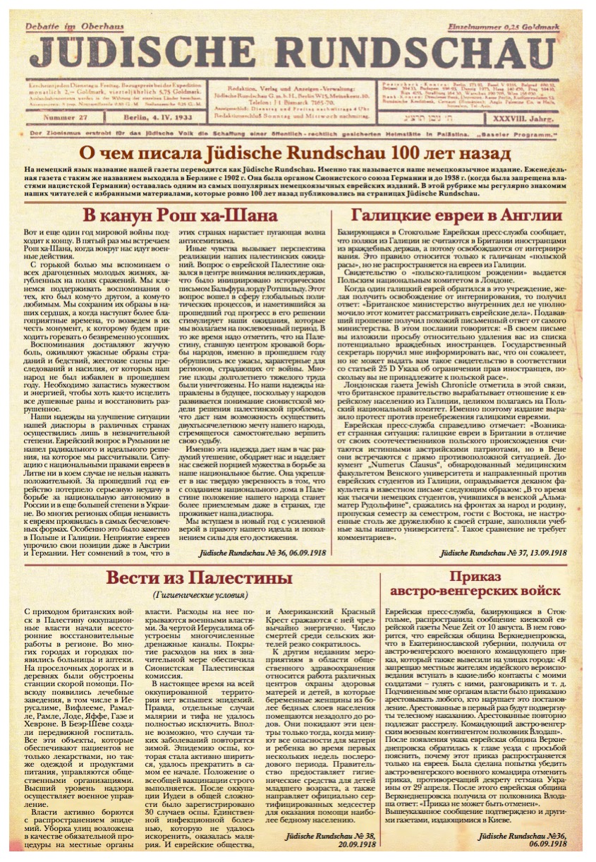 О чем писала Jüdische Rundschau 100 лет назад